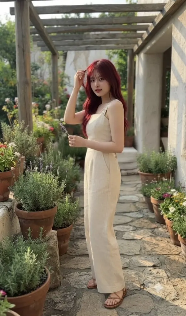 Crimson hair, serene garden bliss — image 1