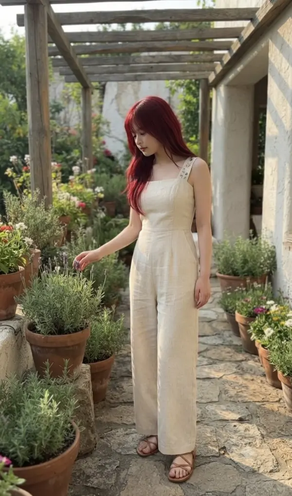 Crimson hair, serene garden bliss — image 2
