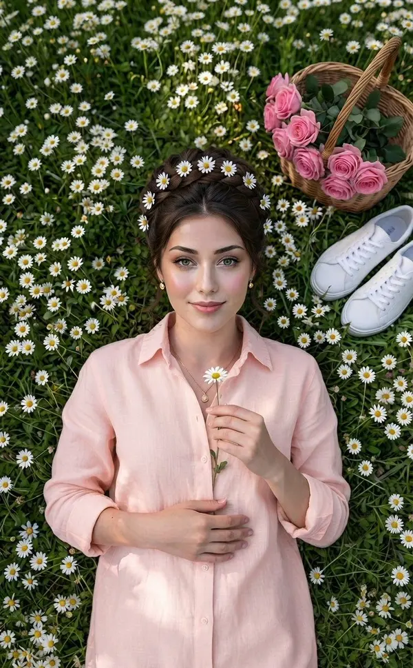 Woman in Daisy Field with Braided Crown