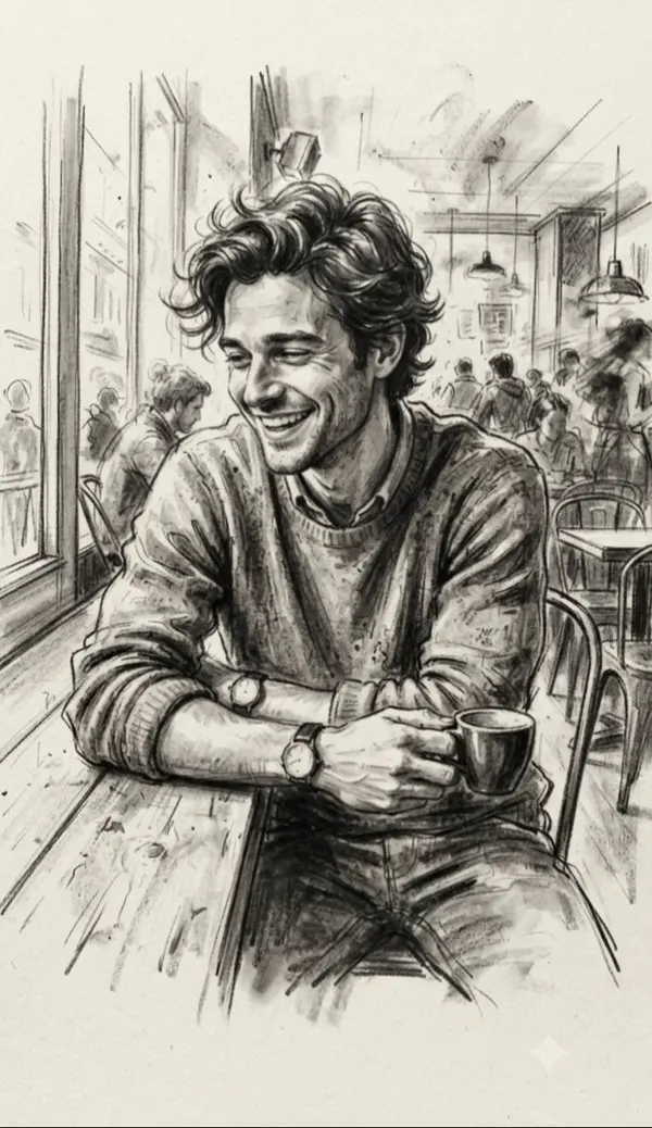 Handsome Man in Cafe, Charcoal Sketch