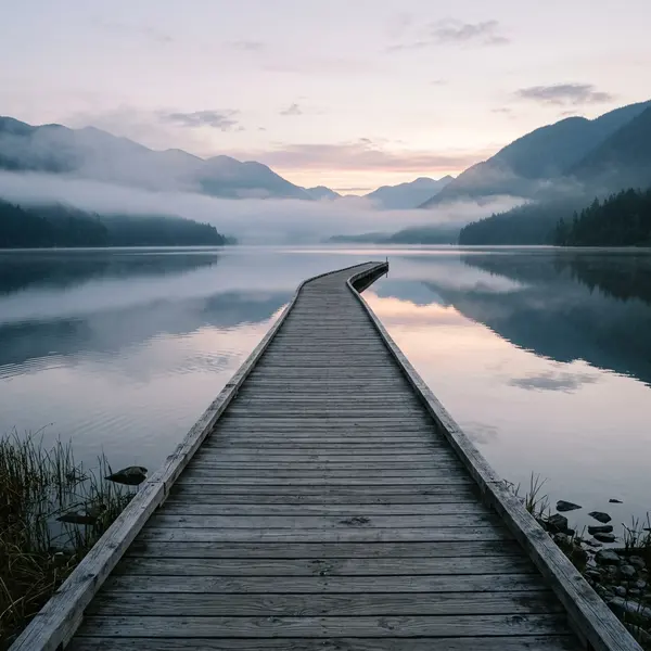 Wooden Pier at Misty Lake Dawn