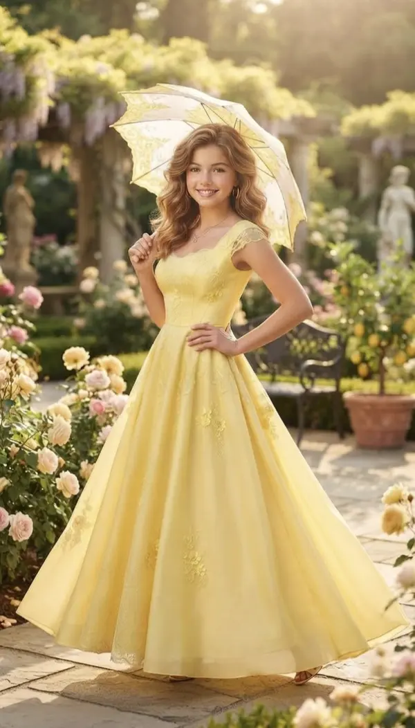 Woman in Yellow Gown with Parasol in Rose Garden — image 1