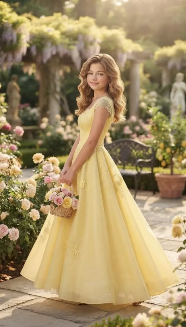 Woman in Yellow Gown with Parasol in Rose Garden — image 2