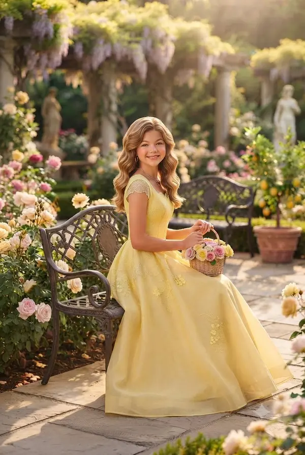 Woman in Yellow Gown with Parasol in Rose Garden — image 3