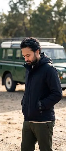 Rugged outdoor lifestyle portrait with vintage SUV
