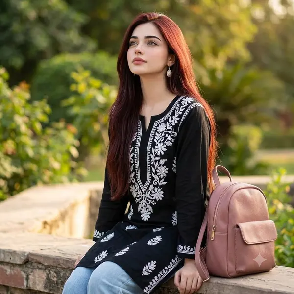 Woman in embroidered kurti on stone bench