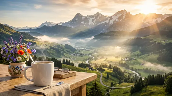 Golden Morning Mountain Vista with Coffee — image 1