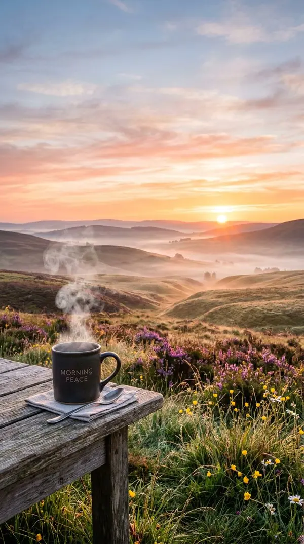 Golden Morning Mountain Vista with Coffee — image 2