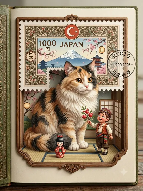 Giant Cat Emerging from Japan Postage Stamp — image 1