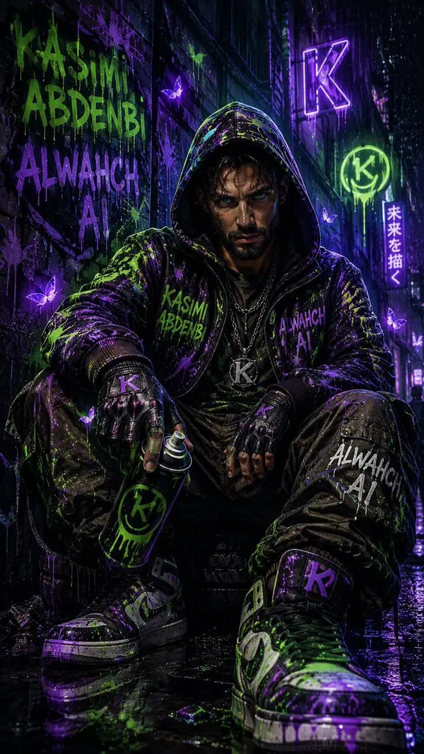 Cyberpunk Street Artist in Neon Rain