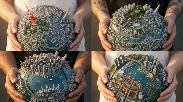 Miniature Asian Cities in Hands
