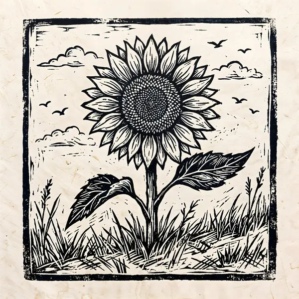 Black and White Linocut Sunflower