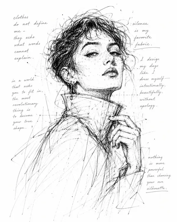 Monochrome scribble ink portrait with poetic text overlay — image 1