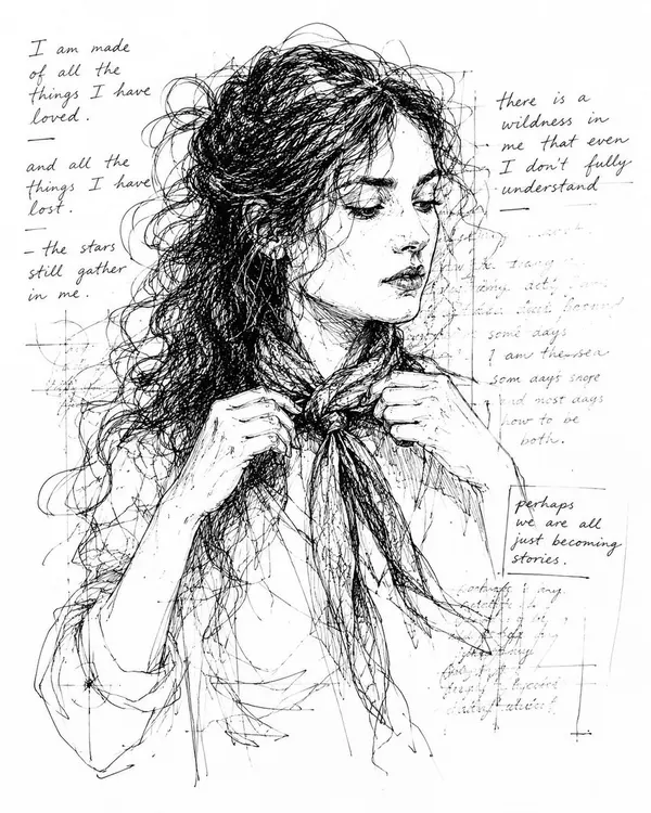 Monochrome scribble ink portrait with poetic text overlay — image 3