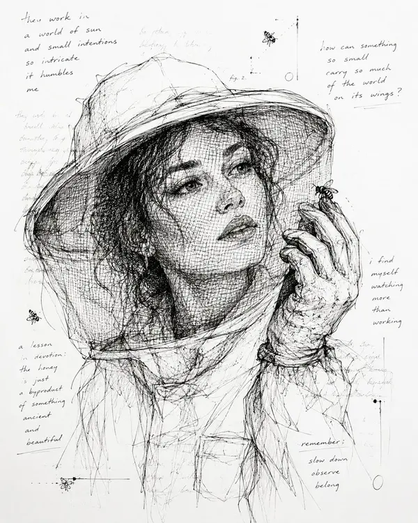 Monochrome scribble ink portrait with poetic text overlay — image 4