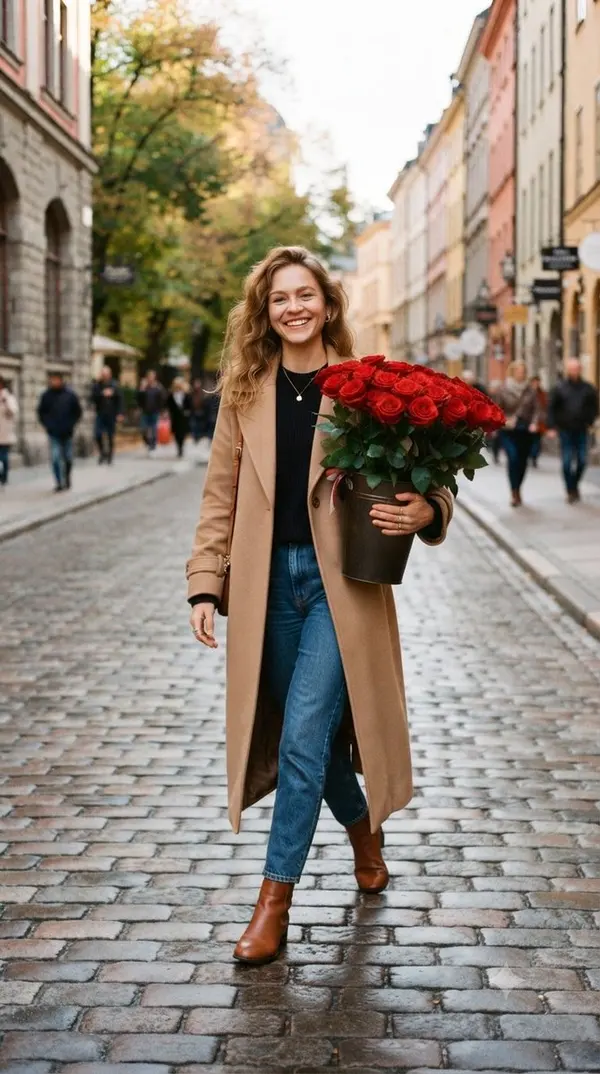 Woman with Red Roses on European Street