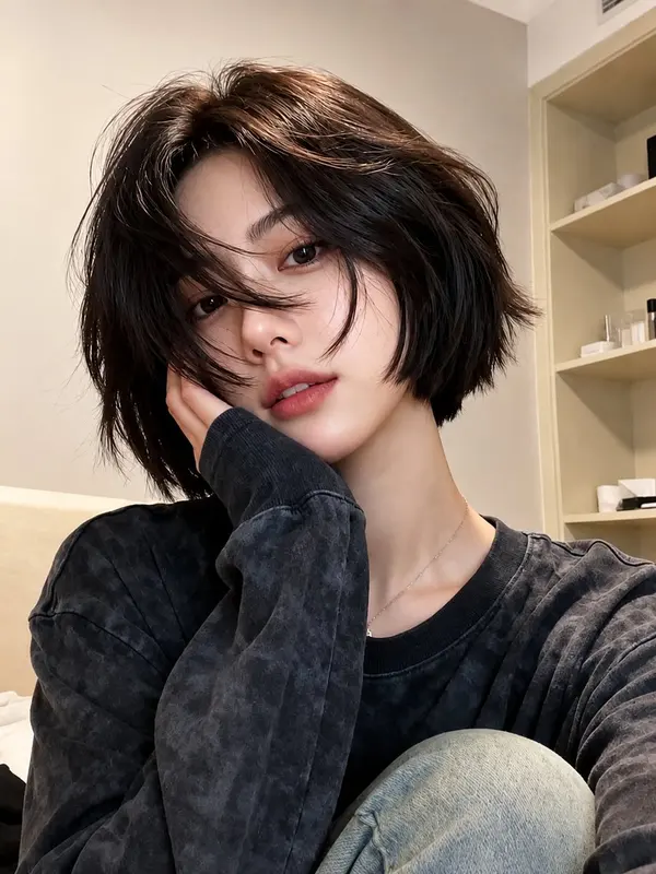 Cozy minimalist bedroom selfie portrait — image 1
