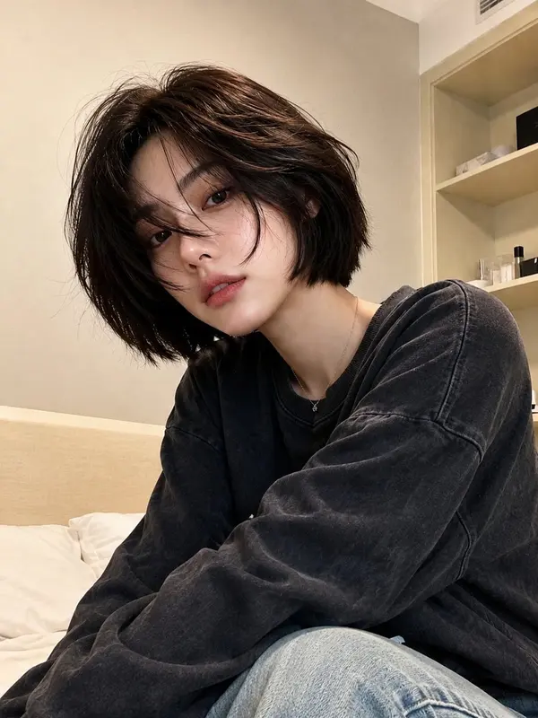 Cozy minimalist bedroom selfie portrait — image 2