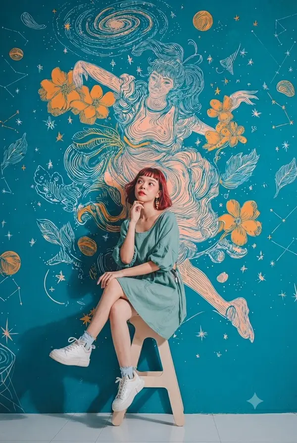 Cosmic studio portraits with mural backdrop — image 2