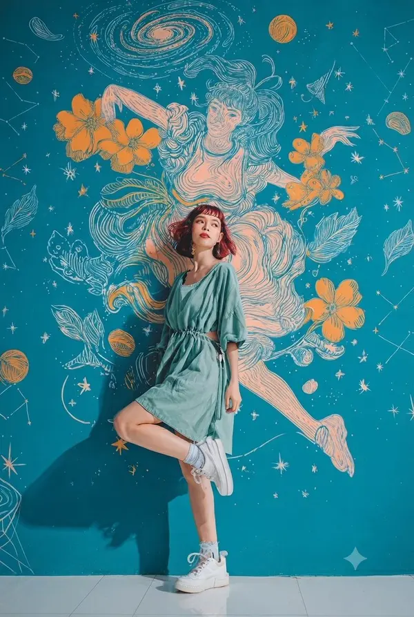 Cosmic studio portraits with mural backdrop — image 3