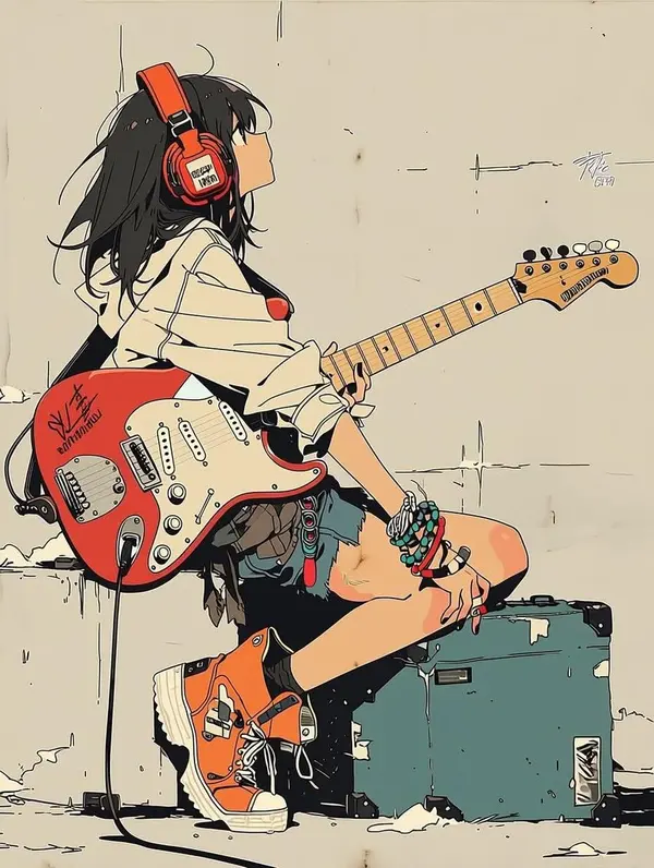 Minimalist Anime Girl with Electric Guitar — image 1