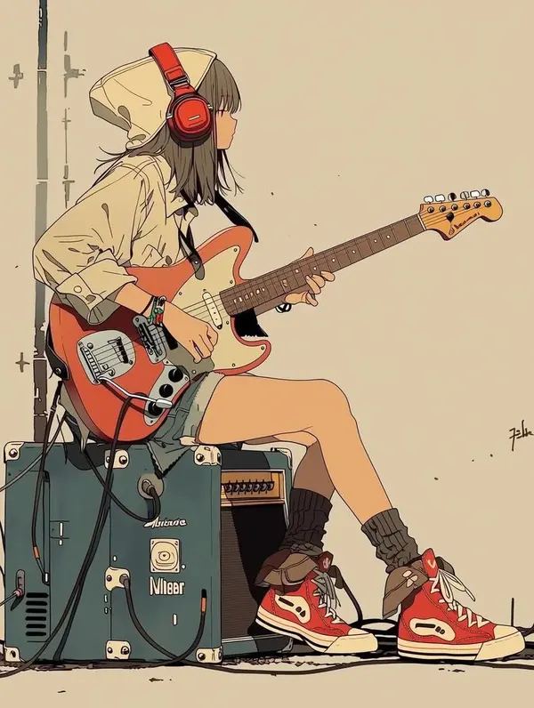 Minimalist Anime Girl with Electric Guitar — image 2