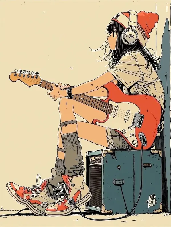 Minimalist Anime Girl with Electric Guitar — image 3