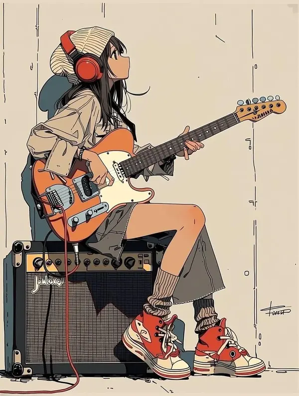 Minimalist Anime Girl with Electric Guitar — image 4