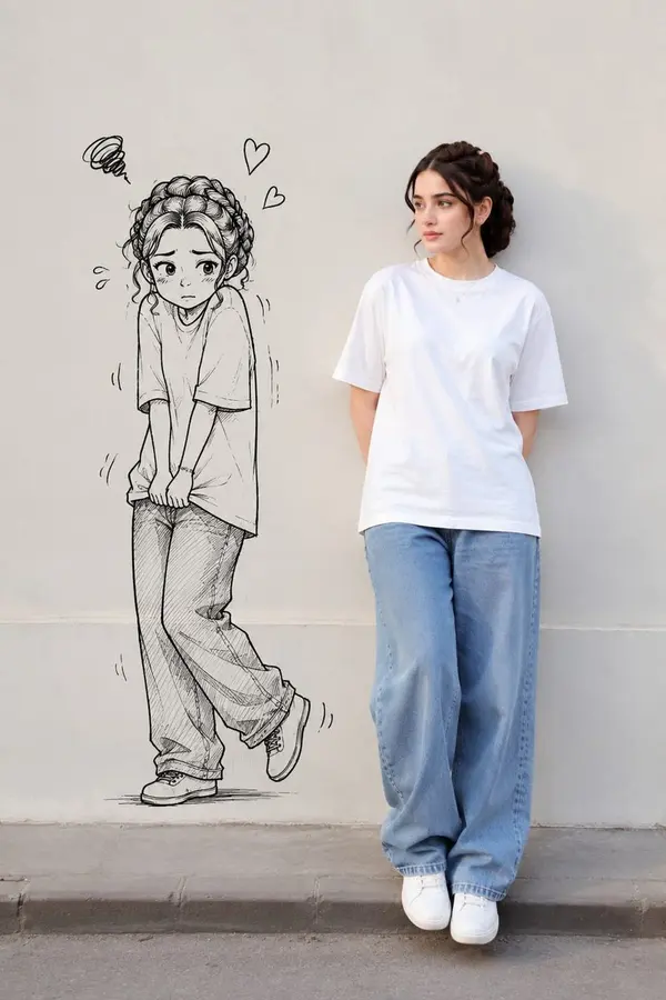 Person with playful doodle shadow
