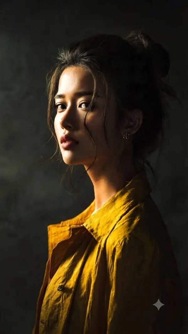 Woman in Mustard Shirt, Thoughtful Profile