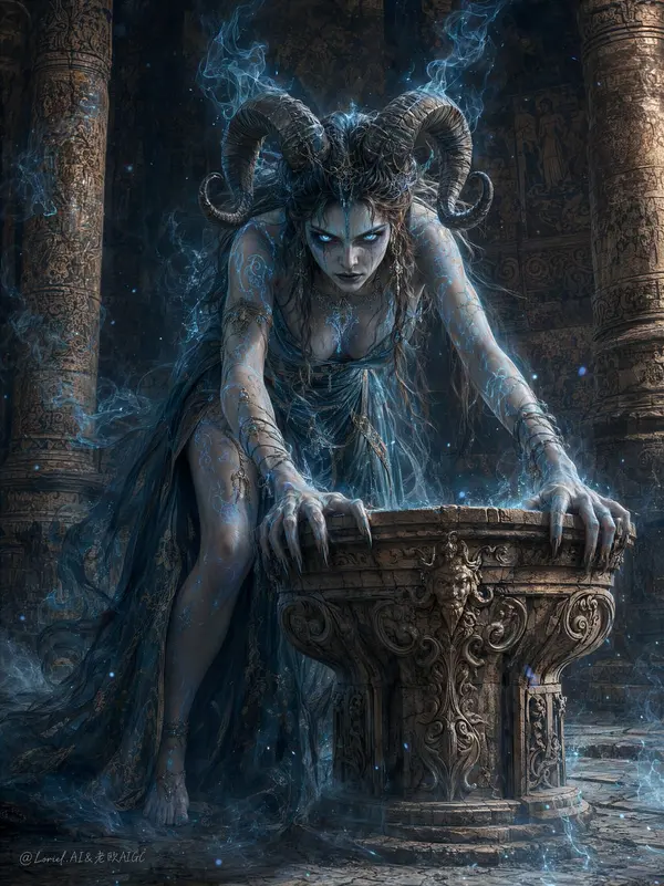Furious Horned Guardian in Ancient Temple — image 1