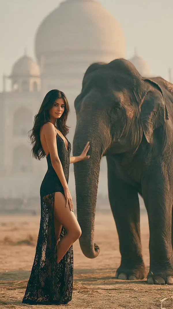 Model with Elephant at Taj Mahal — image 2