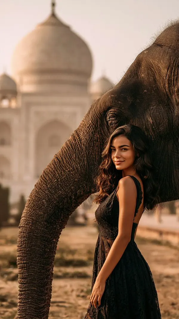 Model with Elephant at Taj Mahal — image 4