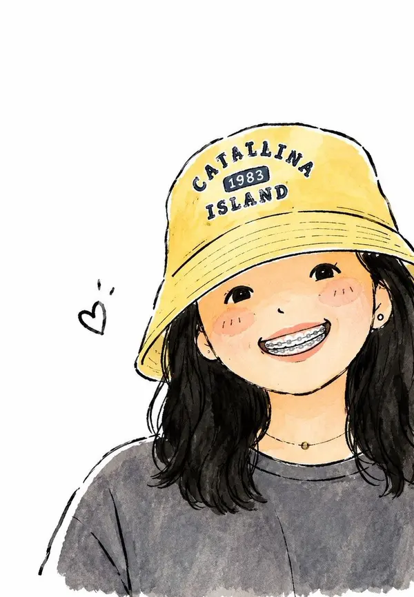 Watercolor anime girl with yellow bucket hat — image 1