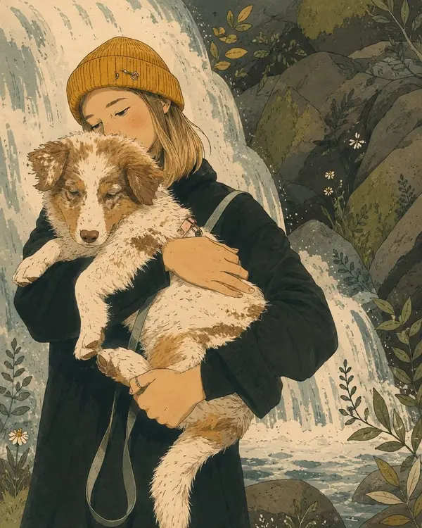 Waterfall Storybook Girl and Puppy — image 1