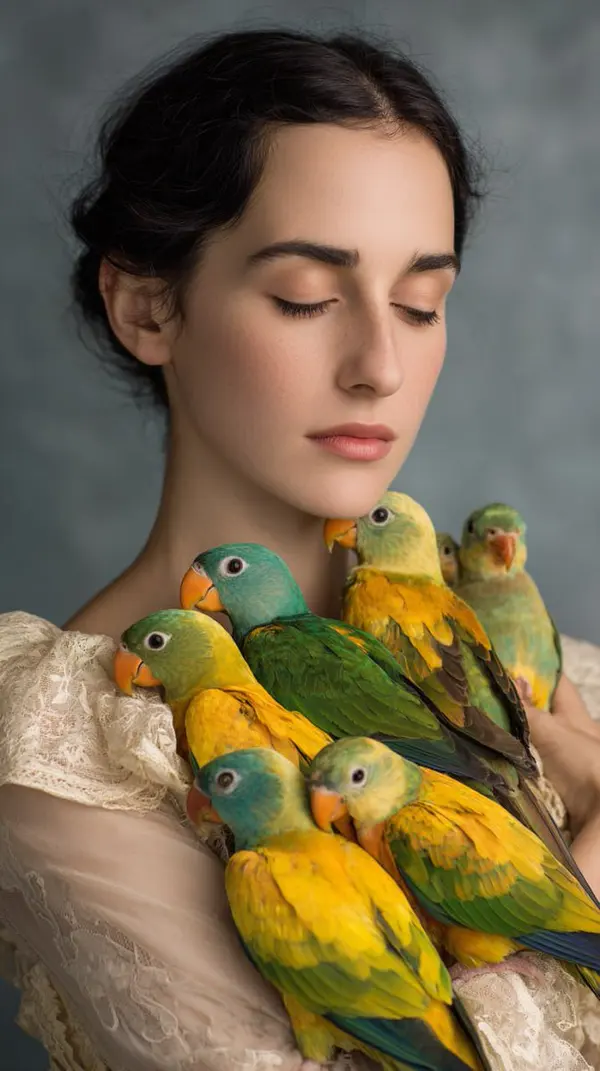Parrots and Portrait in Teal and Gold — image 1