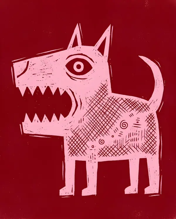 Primitive Pink Dog Woodcut