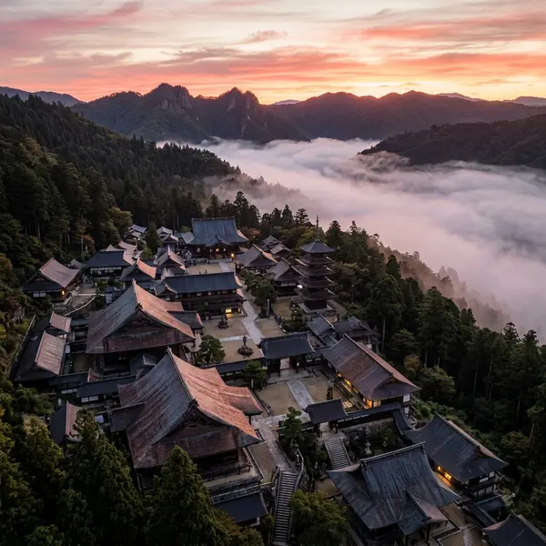 Cedar Monastery at Crimson Dawn