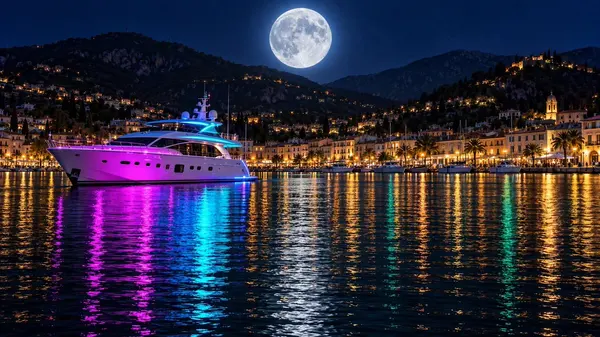 Neon Yacht Under a Full Moon