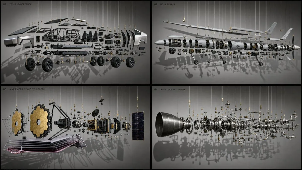 Exploded assembly: CyberTruck, drones, telescopes