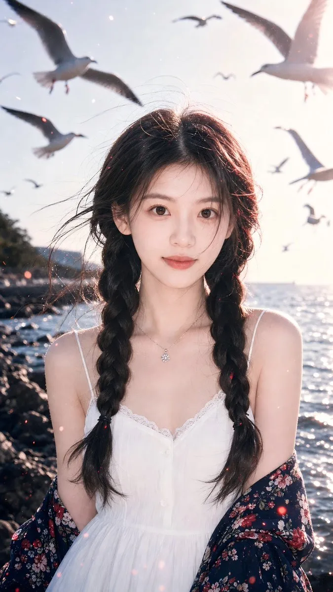 Cinematic Seaside Portrait with Seagulls