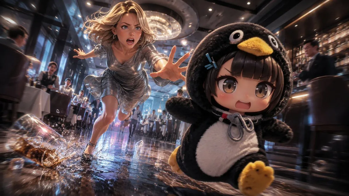 Chase Scene: Chibi Penguin & Woman in Restaurant