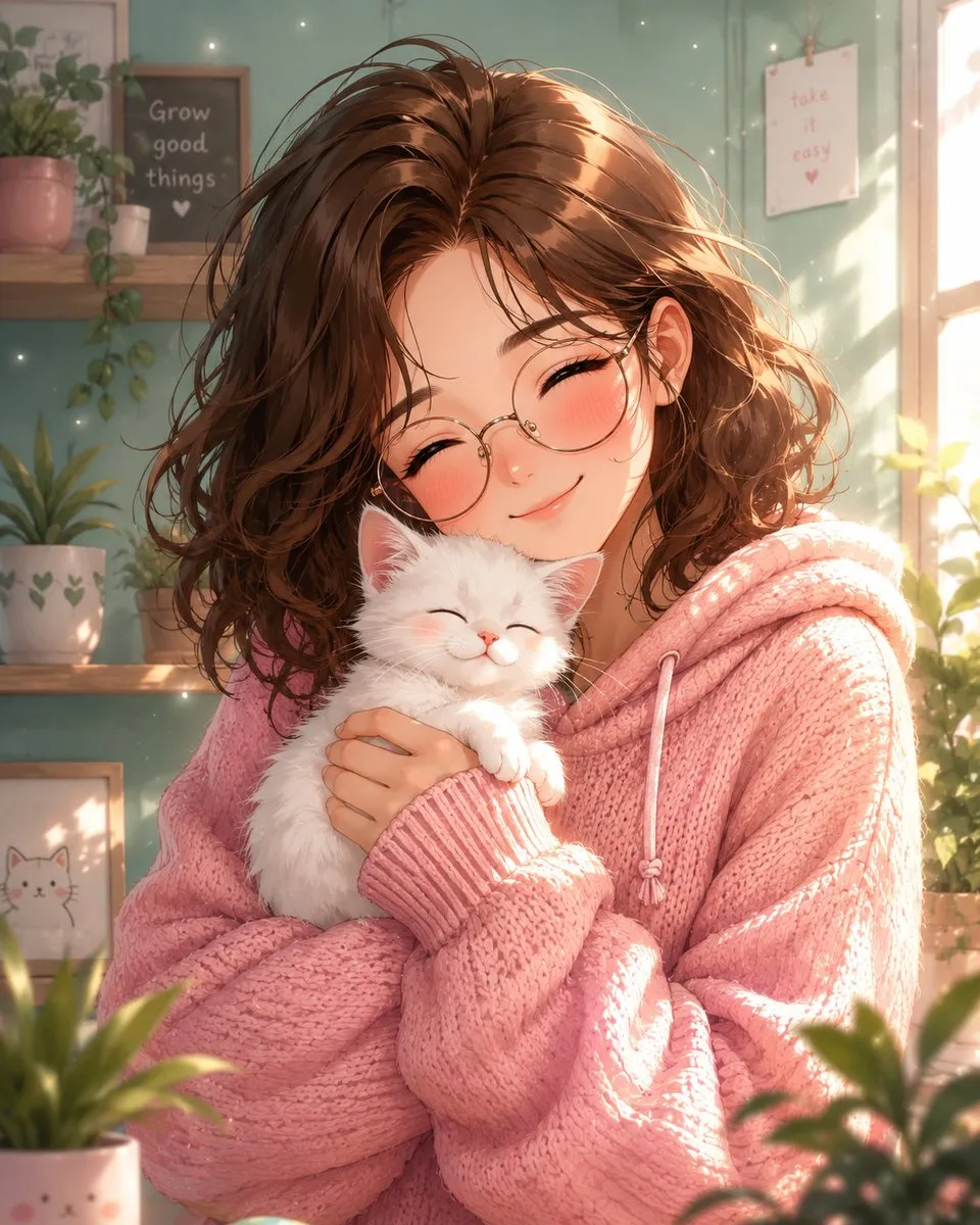 Cozy Anime Girl with White Kitten