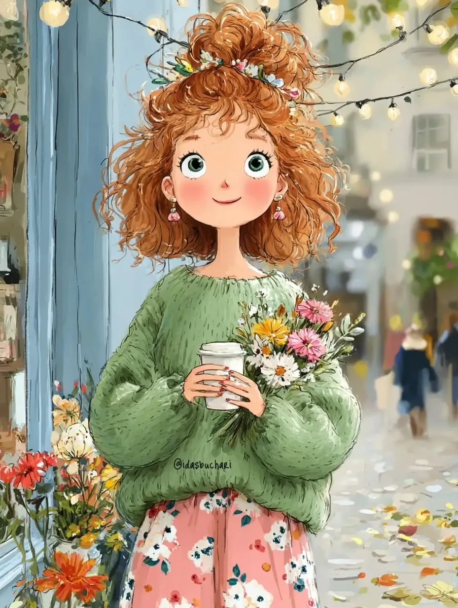Cozy Girl with Coffee and Wildflowers