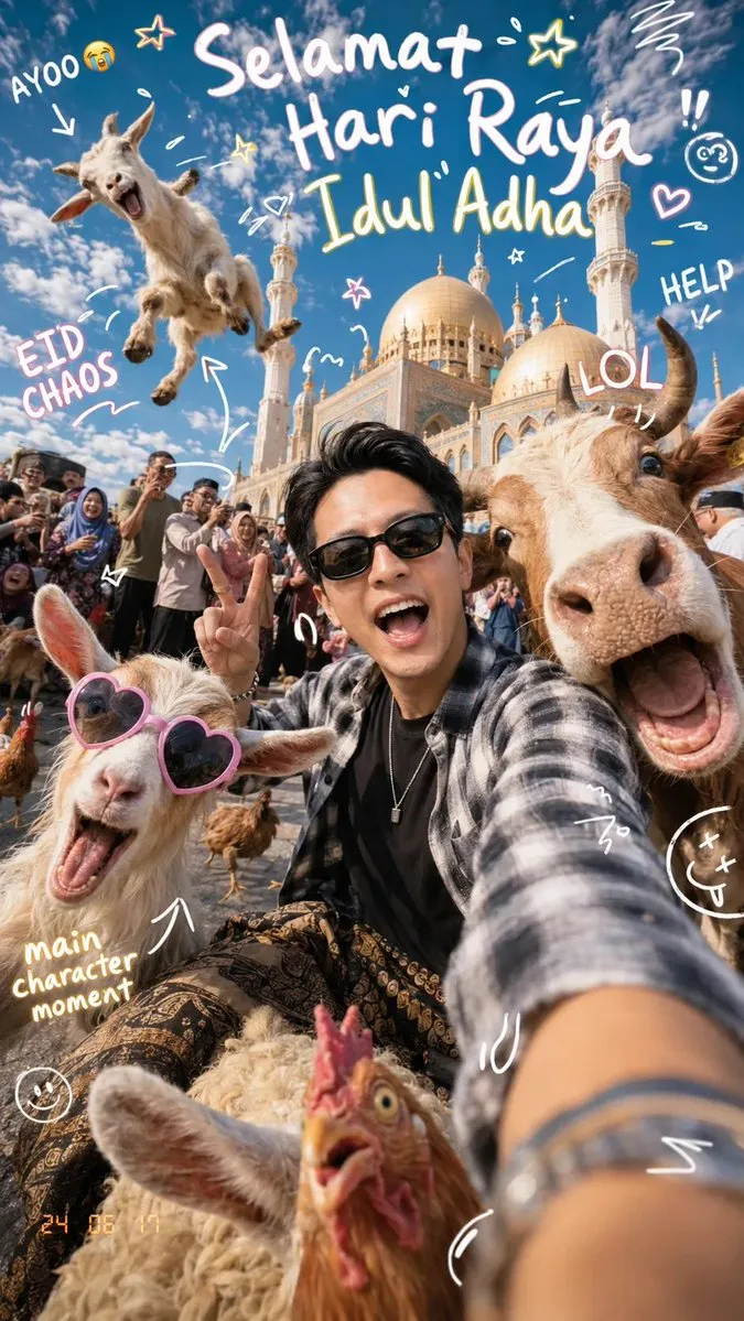 Eid Chaos Selfie with Animals & Mosque