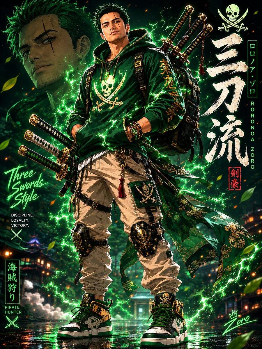 Green-Haired Swordsman in Neon Streetwear