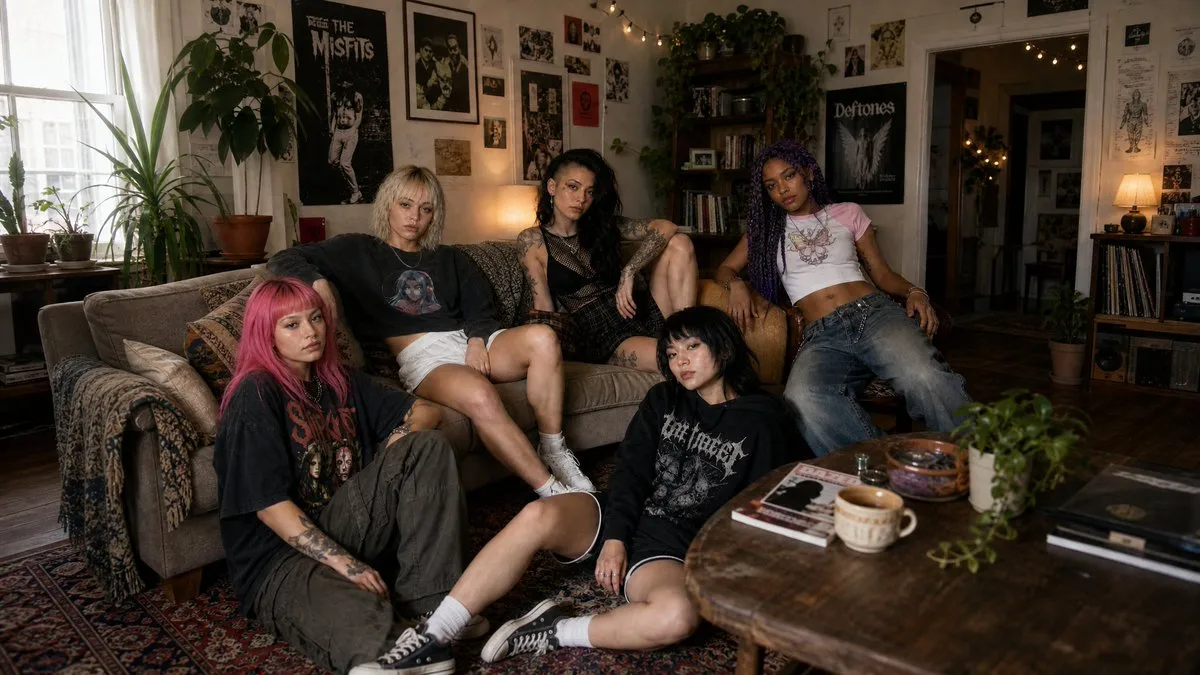 Five women hanging out in cozy living room