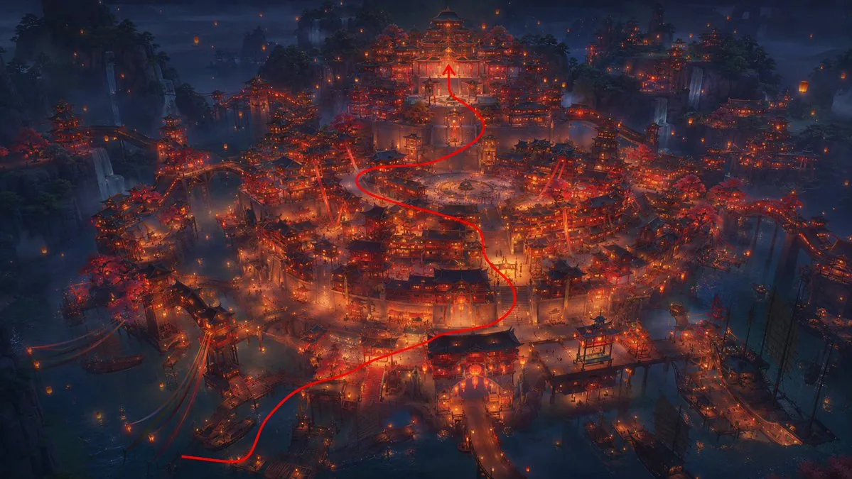 Fantasy City Route Map with Glowing Red Path