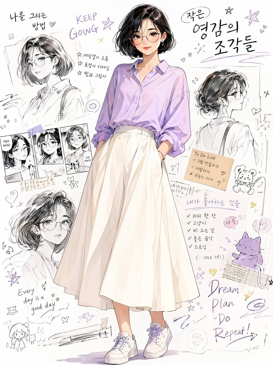 Stylish Korean Woman with Anime Character Studies