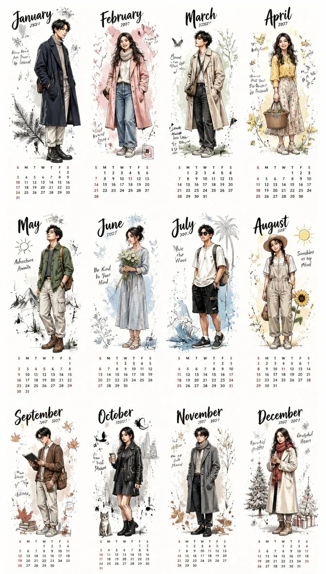 2027 Aesthetic Character Calendar